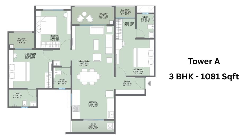 JN-AA-Privilege-Floor-Plan-Tower-A-3 BHK-1081 Sqft